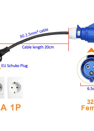 32A Blue CEE Socket to 16A EU Schuko Plug Adapter 7KW to 3.5KW Electric Vehicle Charging Adapter For EV Charger Portable - Riparo82