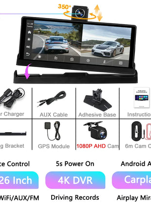 10.26" Carplay Screen Rearview Mirror Dash Cam Android Auto 4K 3840*2160P WIFI BT GPS Navigation Video Recorder Car DVR Camera - Riparo82