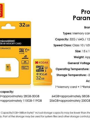 Scheda di memoria MicroSD originale KODAK C10 32GB 64GB Memori Class10 TF Micro SD SDXC 128GB 256GB 512GB A1 U3 V30 4K per fotocamera