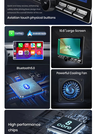 Junsun 10.6 Inch Universal Rotatable 1DIN 2DIN Car Radio Wireless CarPlay Android Auto Touch Screen Multimedia GPS autoradio - Riparo82