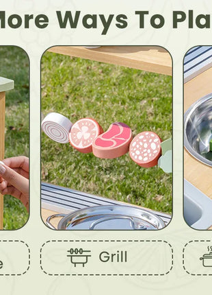 ROBUD Fango Cucina da esterno in legno massello Cucina da gioco con griglia per barbecue Rubinetto per lavello rimovibile Giocattoli Monteeori per bambini dai 3 anni in su - riparo82