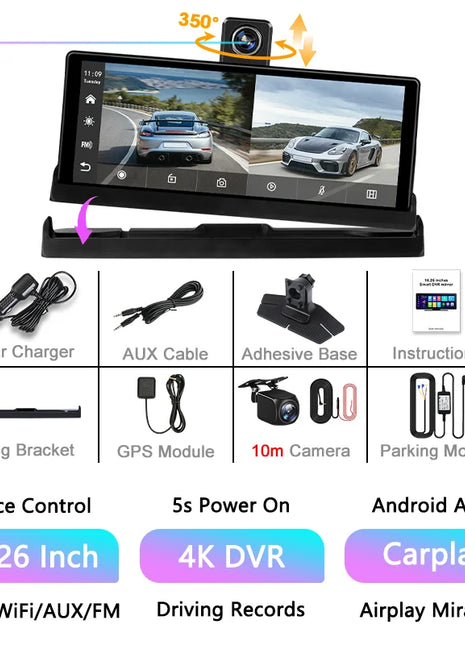 10.26" Carplay Screen Rearview Mirror Dash Cam Android Auto 4K 3840*2160P WIFI BT GPS Navigation Video Recorder Car DVR Camera - Riparo82