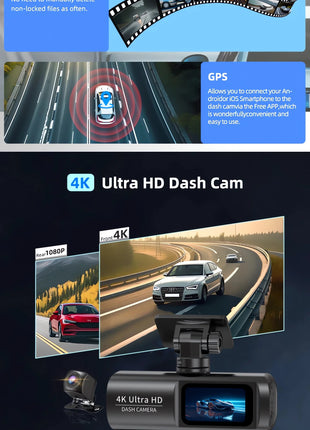 Dash Cam 4K+1080P Dual Lens WIFI GPS Car DVR Camera Video Drive Recorder Dashcam Dual Lens Black Box Front and Rear Night Vision - Riparo82