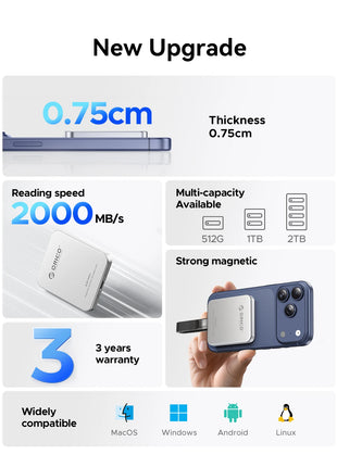 ORICO Mini SSD esterno magnetico per iPhone 16 15 Pro/Max ProRes 2000 MB/s 4K ProRes HDR Registra e memorizza Stato solido portatile