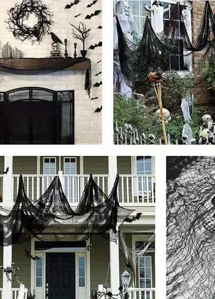 1/2/3pcs black coarse mesh spider web hanging cloth with skeleton bat silhouette for Halloween scary haunted house decoration - Riparo82