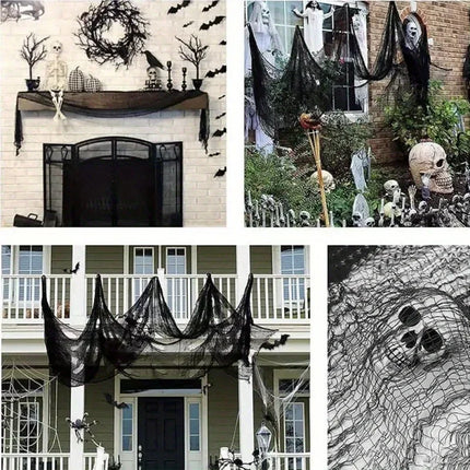 1/2/3pcs black coarse mesh spider web hanging cloth with skeleton bat silhouette for Halloween scary haunted house decoration