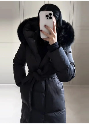 Cappotto lungo in cotone con cappuccio trapuntato imbottito da donna caldo Colletto alla coreana solido allentato Cappotti con cerniera con lacci 2025 Capispalla invernale da donna