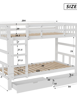 Fanganeg Letto a castello per bambini con scaletta, divano letto estraibile 90 x 200 cm con 2 basi a doghe, letto a castello con barriera di sicurezza, bianco