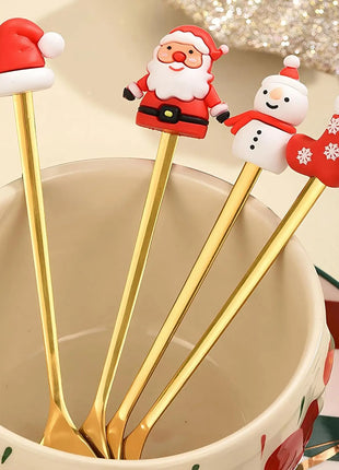 Cucchiaini da caffè e forchette per torte con decorazioni natalizie da 4 pezzi con ornamenti per bambole di Natale, set di posate in metallo dorato, forniture per feste - riparo82