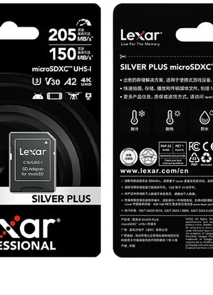 Scheda di memoria Lexar SILVER PLUS 64 GB 128 GB 256 GB Velocità di lettura fino a 205 MB/s A2 V30 4K UHD TF 1366x Scheda Micro SD professionale
