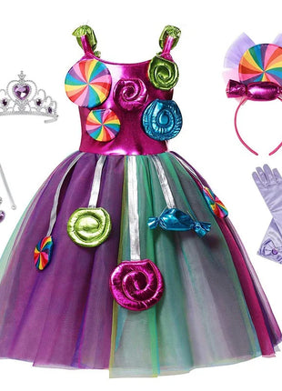 Costume da lecca-lecca arcobaleno per ragazze Abito da principessa Purim Festival Candy Vestido Fantasia Carnevale Compleanno Bambini Fantasia Ali Outfit