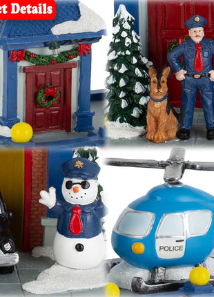 Stazione di polizia animata del villaggio di Natale, musicale illuminato con auto in movimento e elicottero rotante, edificio da collezione per le vacanze