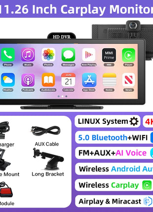 10/11.26 Inch 4K DVR Wireless CarPlay & Android Auto Dash Cam Bluetooth Audio GPS Navigation Dashboard Dual Lens Video Recorder - Riparo82