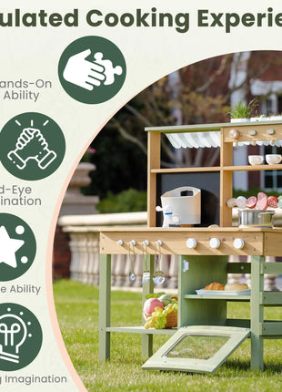 ROBUD Fango Cucina da esterno in legno massello Cucina da gioco con griglia per barbecue Rubinetto per lavello rimovibile Giocattoli Monteeori per bambini dai 3 anni in su - riparo82