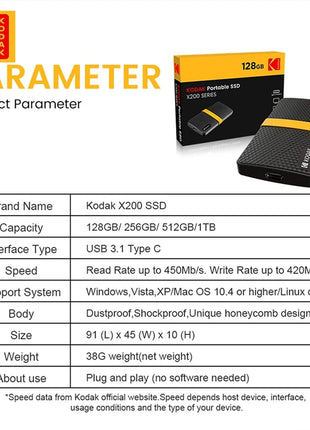 KODAK X200 SSD portatile 1TB Type-C USB3.1 disco rigido esterno 512GB 256GB per laptop Smartphone PC