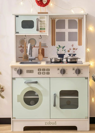 Robotime Robud Play Kitchen Set da cucina in legno Set da gioco finta Luci Suoni Regalo per ragazze Ragazzi dai 3 anni in su Verde chiaro - riparo82