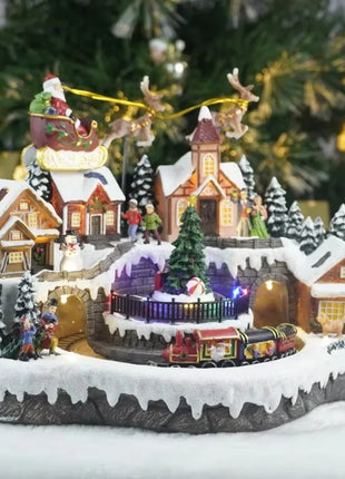Fornitore di decorazioni natalizie Casa del villaggio musicale a LED Albero di Natale che gira il treno sportivo Statua di Natale