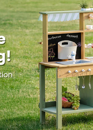 ROBUD Fango Cucina da esterno in legno massello Cucina da gioco con griglia per barbecue Rubinetto per lavello rimovibile Giocattoli Monteeori per bambini dai 3 anni in su - riparo82