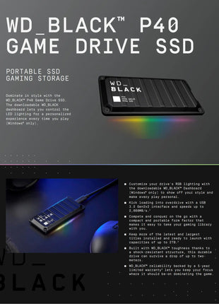 Western Digital WD 1TB 2TB P40 Game Drive SSD -500GB Fino a 2.000 MB/s, illuminazione RGB, unità a stato solido esterna portatile