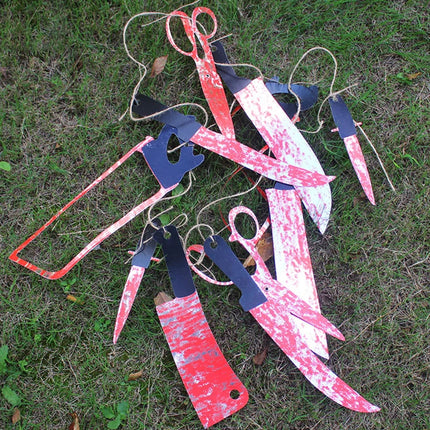 Lofytain 12pcs/lot Halloween Plastic Blood Knife Tools Sets Horror Spooky Haunted House Hanging Knife Garland Banner