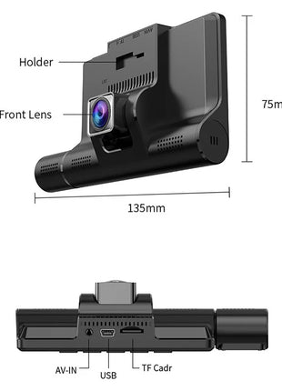 Dash Cam 4 Inch FHD 1080P touch Screen Car DVR 170 Degree Wide Angle 3Lens Video Recorder Night vision Reverse Rear View - Riparo82