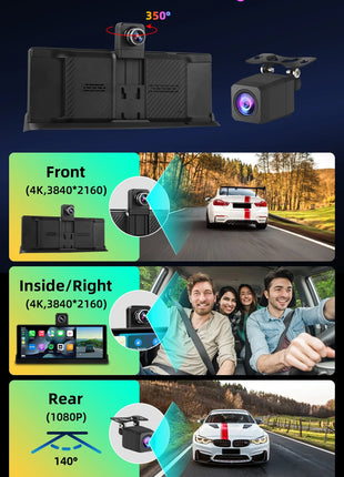 10.26" 4K Dash Cam Carplay Android Auto GPS 5G WIFI FM BT Car Dvr 350 ° Rotation Dual Lens Dashcam Truck Camera Drive Recorder - Riparo82