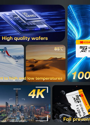 KODAK Micro SD TFcard 256GB 64GB 32GB Scheda di memoria 128GB Classe 10 Scheda SD Microsd 100MB/S UHS-I Scheda A1 per telefono/PC