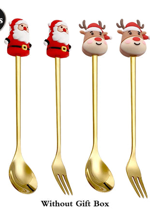 Cucchiaini da caffè e forchette per torte con decorazioni natalizie da 4 pezzi con ornamenti per bambole di Natale, set di posate in metallo dorato, forniture per feste - riparo82