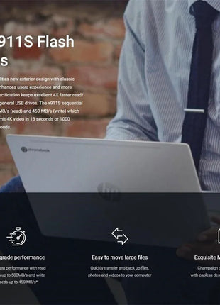 Uomo con camicia e cravatta utilizza un laptop HP Chromebook, promozione HP x911S Flash Drives su riparo82.