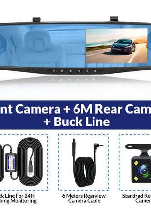Dash Cam 4.3 inch "mini rear-view mirror digital dashcam, front and rear dual cameras IPS Front and Rear Camera Registrar Black - Riparo82