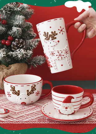 Set di piatti di Babbo Natale dipinti a mano nordici Set di stoviglie per tazze d'acqua con teiera sigillata in ceramica a rilievo rosso - riparo82