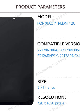 Schermo LCD Per Xiaomi Redmi 12C Display LCD Touch Screen Digitizer Assembly 22120RN86G 22120RN86I 22126RN91Y 2212ARNC4L Parti - riparo82