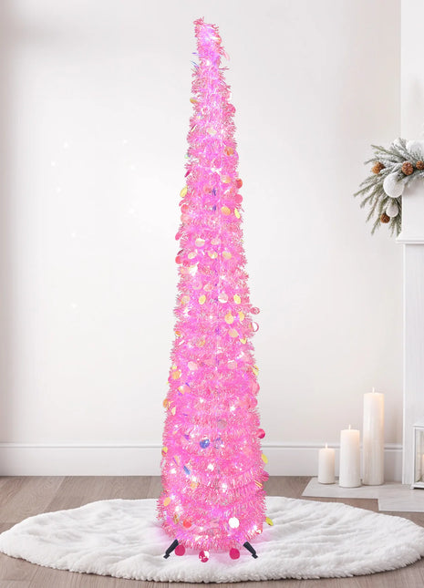 OurWarm Albero di Natale pop-up rosa da 5 piedi con 60 LED, albero di Natale pieghevole con orpelli con paillettes, per decorazioni per feste