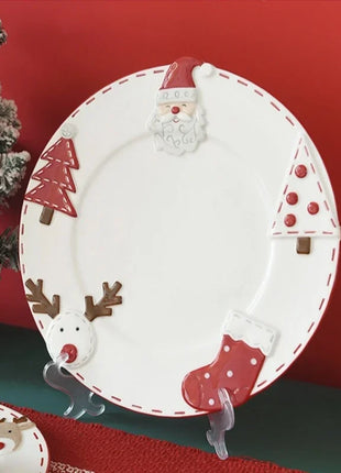Piatto natalizio in ceramica Piatto rotondo creativo in rilievo di Babbo Natale Piatto da pranzo occidentale Torta Piatto da dessert Piatto da tavola natalizio - riparo82