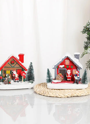 Winter Snow Christmas Village Building Santa House decorazione natalizia con Led Glow Desk Building Home Decor Holiday Ornament Gift