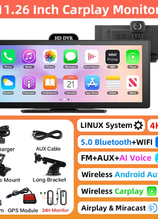 10/11.26 Inch 4K DVR Wireless CarPlay & Android Auto Dash Cam Bluetooth Audio GPS Navigation Dashboard Dual Lens Video Recorder - Riparo82