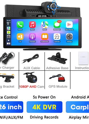 11.26 Inch 4K DVR Wireless CarPlay & Android Auto Dash Cam Bluetooth Audio GPS Navigation Dashboard Dual Lens Video Recorder - Riparo82