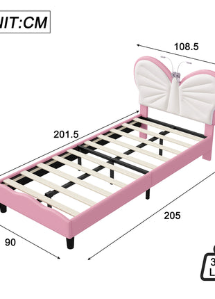 Rosahqnda Letto per bambini 90x200 cm,Cama singolo per ragazzi e ragazze,Culla a farfalla con luce LED, testiera regolabile in velluto,senza materasso