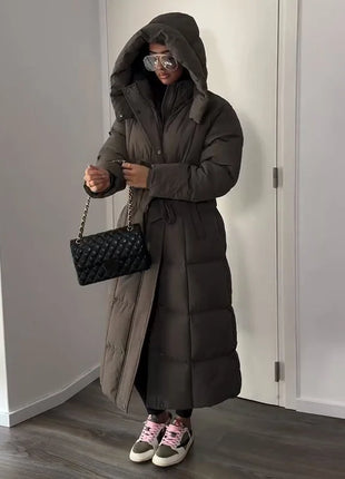 Cappotto lungo in cotone con cappuccio trapuntato imbottito da donna caldo Colletto alla coreana solido allentato Cappotti con cerniera con lacci 2025 Capispalla invernale da donna