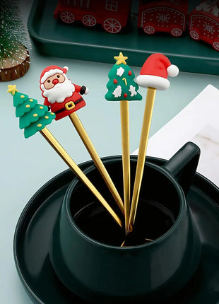Cucchiaini da caffè e forchette per torte con decorazioni natalizie da 4 pezzi con ornamenti per bambole di Natale, set di posate in metallo dorato, forniture per feste - riparo82