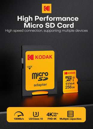 KODAK Scheda di memoria Micro SD 32GB 64GB 128GB 256GB U3 4K Scheda Microsd TF di grande capacità per telefono Fotocamera Tablet PC Telefono