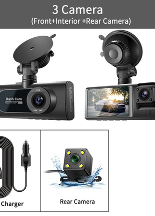 3 Channel Dash Cam for Cars Camera HD 1080P 3-Lens Vehicle Video Recorder Black Box Dual Lens Inside Car DVR Rear View Camera - Riparo82
