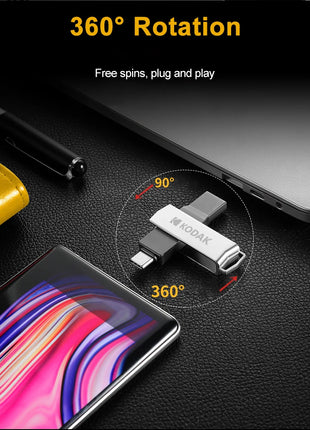 Kodak Type C Pendrive USB 3.2 Chiavetta USB in metallo 128 GB 64 GB 32 GB 256 GB HDD 2 in 1 U-disk per chiavi Smartphone Laptop Desktop