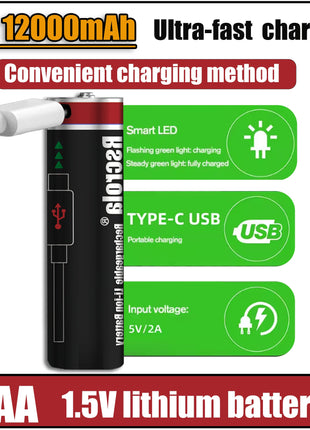 Batterie ricaricabili ad alta capacità AA12000mAh AAA 8000mAh Batterie ricaricabili AA agli ioni di litio Batteria AAA con cavo USB-C - riparo82