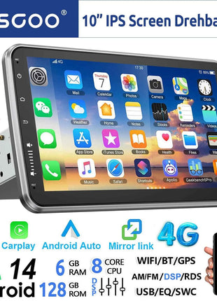ESSSGOO 8-Core 360° Rotating Touchscreen Android 14 6+128G Wireless Apple Carplay Car Stereo 1 DIN GPS Navi 4G WiFi AM FM BT RDS