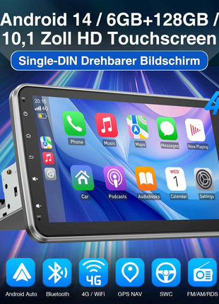 ESSSGOO 8-Core 360° Rotating Touchscreen Android 14 6+128G Wireless Apple Carplay Car Stereo 1 DIN GPS Navi 4G WiFi AM FM BT RDS