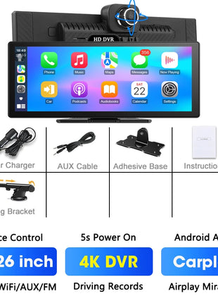 11.26 Inch 4K DVR Wireless CarPlay & Android Auto Dash Cam Bluetooth Audio GPS Navigation Dashboard Dual Lens Video Recorder - Riparo82