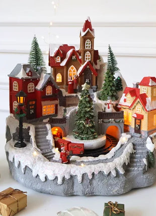 Fornitore di decorazioni natalizie Casa del villaggio musicale a LED Albero di Natale che gira il treno sportivo Statua di Natale