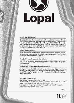 Lopal SONIC 589 0W-20 C5 Per VW 508/509 SP 1L * 6 Bottiglie Olio Motore Auto Protezione Avanzata 6L Lubrificante Olio Motore Sintetico Completo