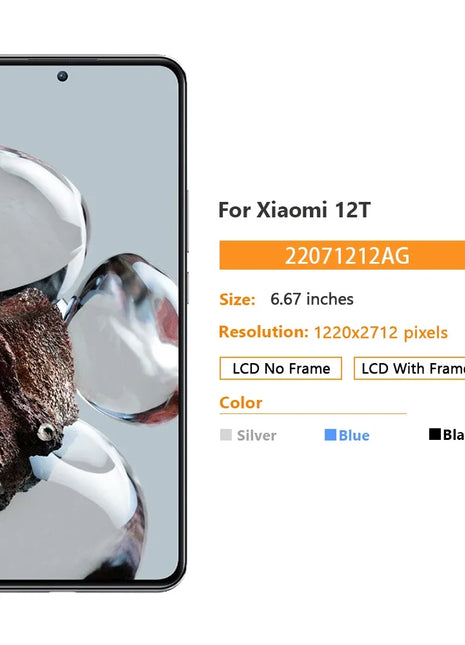 Testato al 100% 6.67 ''LCD Per Xiaomi 12T Display LCD Touch Screen Digitizer Per Xiaomi 12T 22071212AG Sostituzione Dello Schermo LCD - riparo82